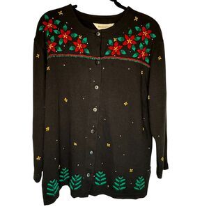 Bechamel Black Knit Button Christmas Cardigan Womens Small Poinsettia VTG FLAW